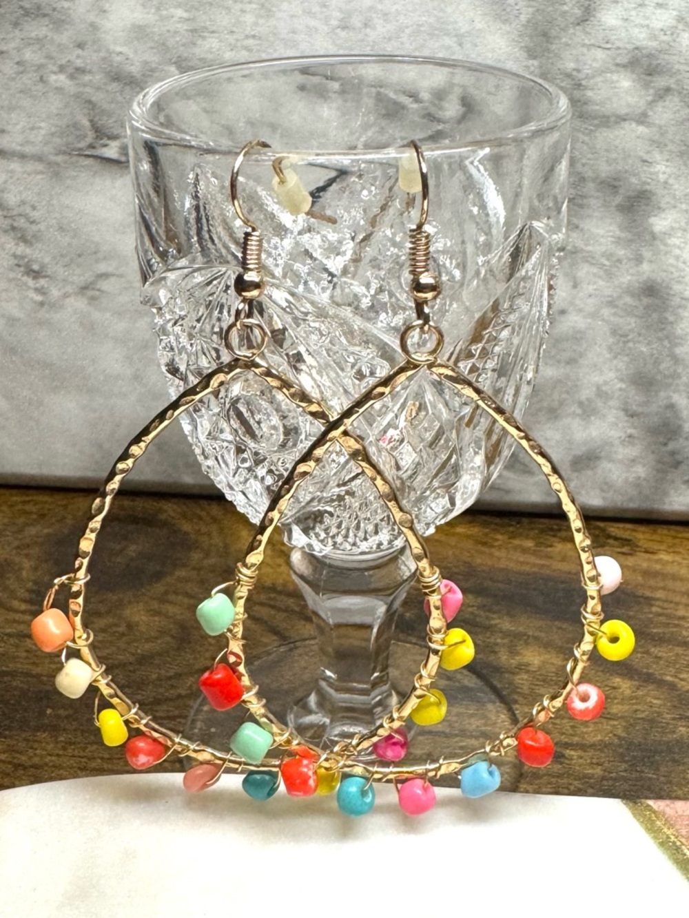 Colorful Beaded Teardrop Hoop Earrings Gold Tone Boho Dangle